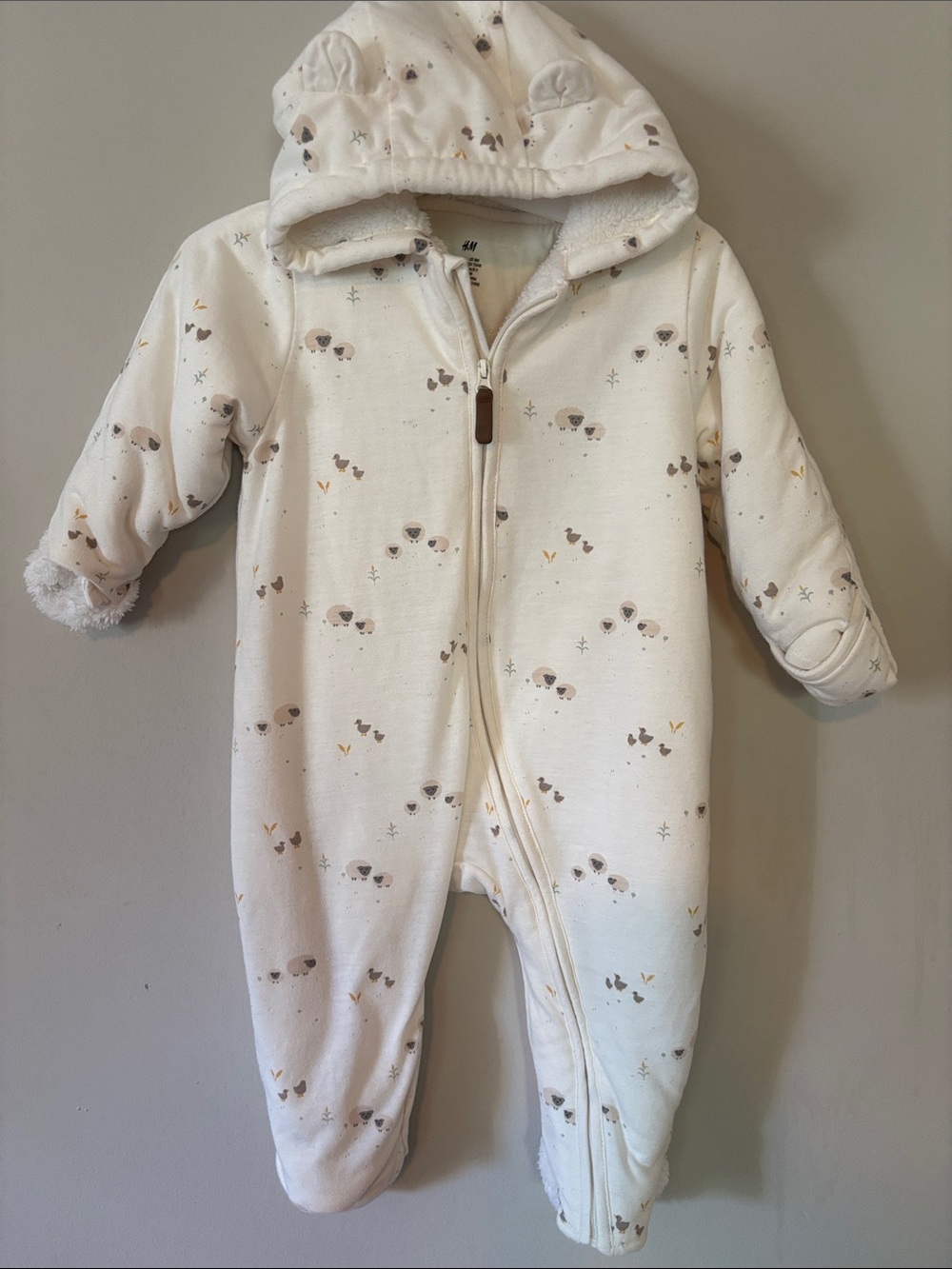 H&M Baby Neutral Sheep Print Fleece-Lined Hooded Padded Pramsuit Snowsuit 6-9 Mo